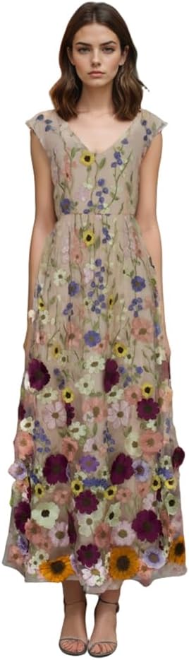 Womens 3D Floral Applique Maxi Dress