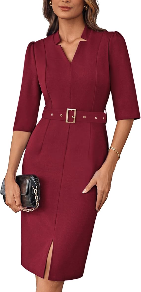 Sleeves Bodycon Midi Dress Elegant V Neck Slim Fit Business Wrap Dress with Belt